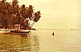 ... Annäherung mit einem Boot an eine der unzähligen kleinen Inselchen der CUNA-Indios im 'Archipielago de SAN BLAS'_im Hintergrund schemenhaft weitere  Inselchen, wie an einer Perlenschnur aufgereiht_was wird mich erwarten ..._freundliche Aufnahme ?_PANAMA 1974
